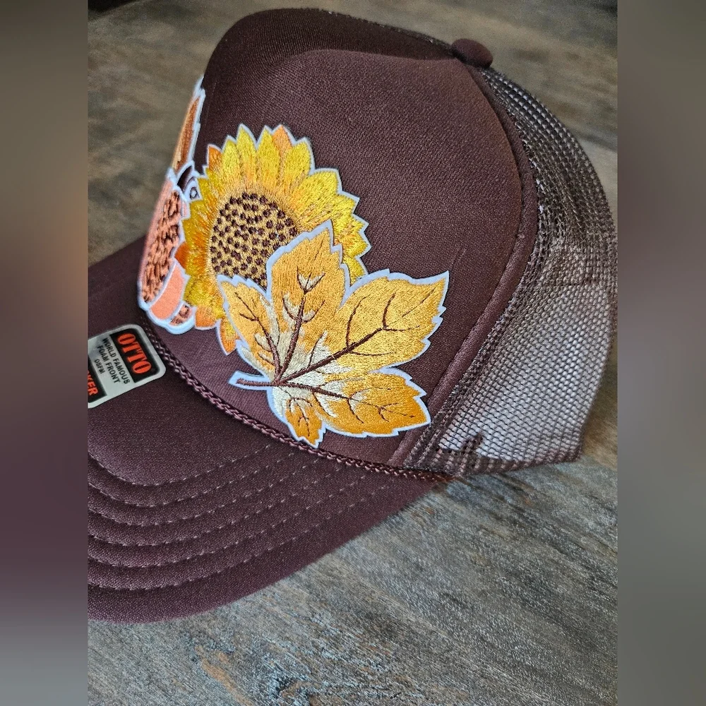 NWT OTTO Brown Mesh Trucker hat custom with fall leaves and sunflower patches